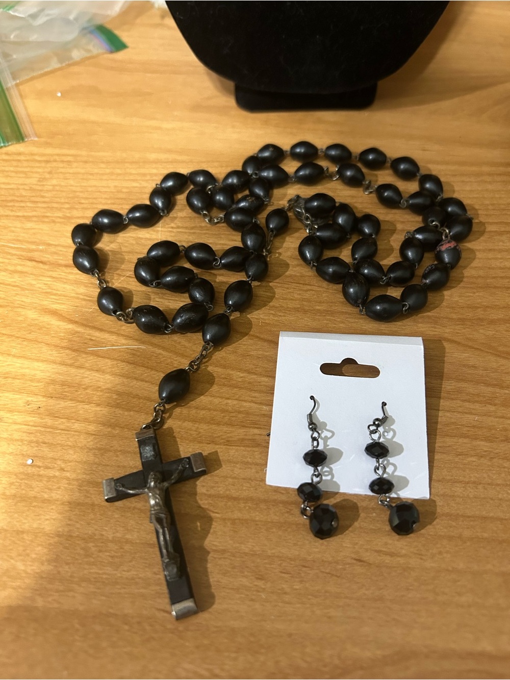 Black Bead Rosary Necklace with Earrings